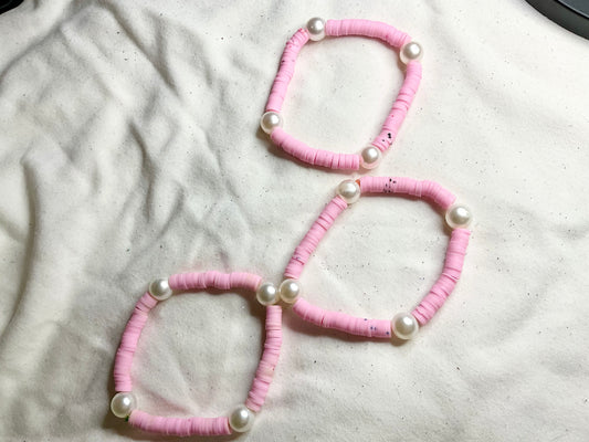 Pink Clay Bead Bracelet with Pearl White Spacer Beads