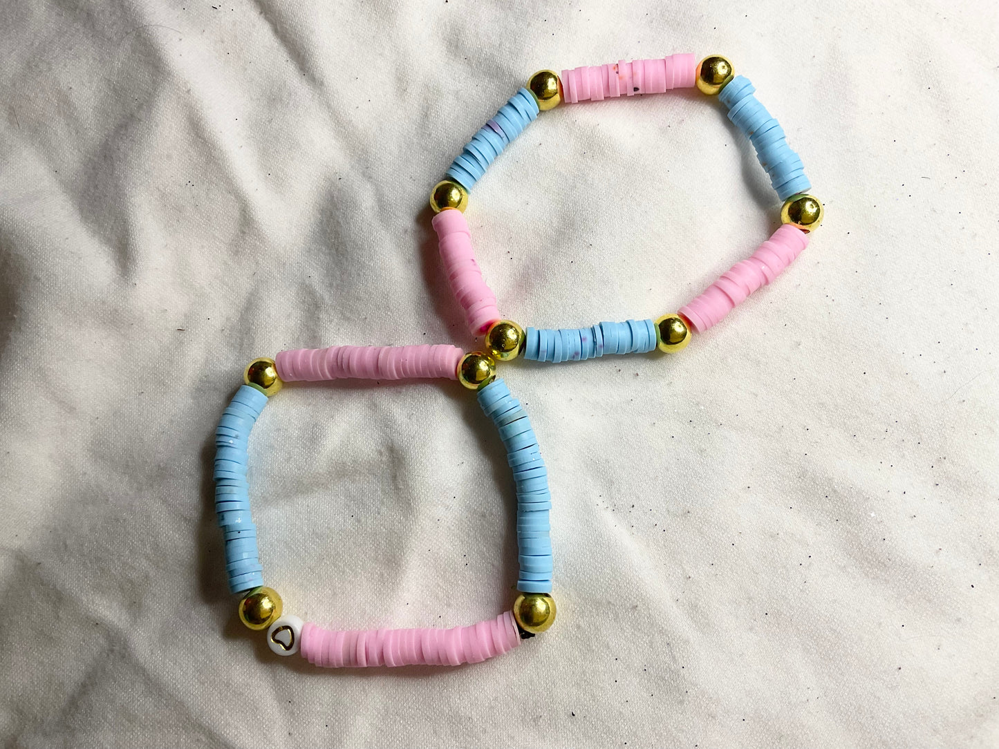 Blue and Pink Clay Bead Bracelet with Gold Spacer Beads