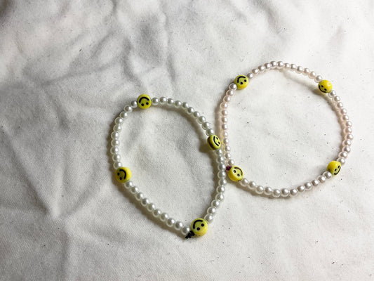 Small Pearl Bead Bracelet with Yellow Smiles