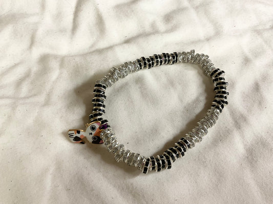 Silver and Black Bead Bracelet with Cat Charm